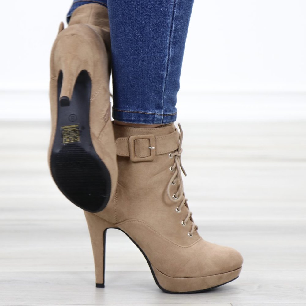 Tan Faux Suede Heel Lace-Up Ankle Booties - Picture 5 of 14